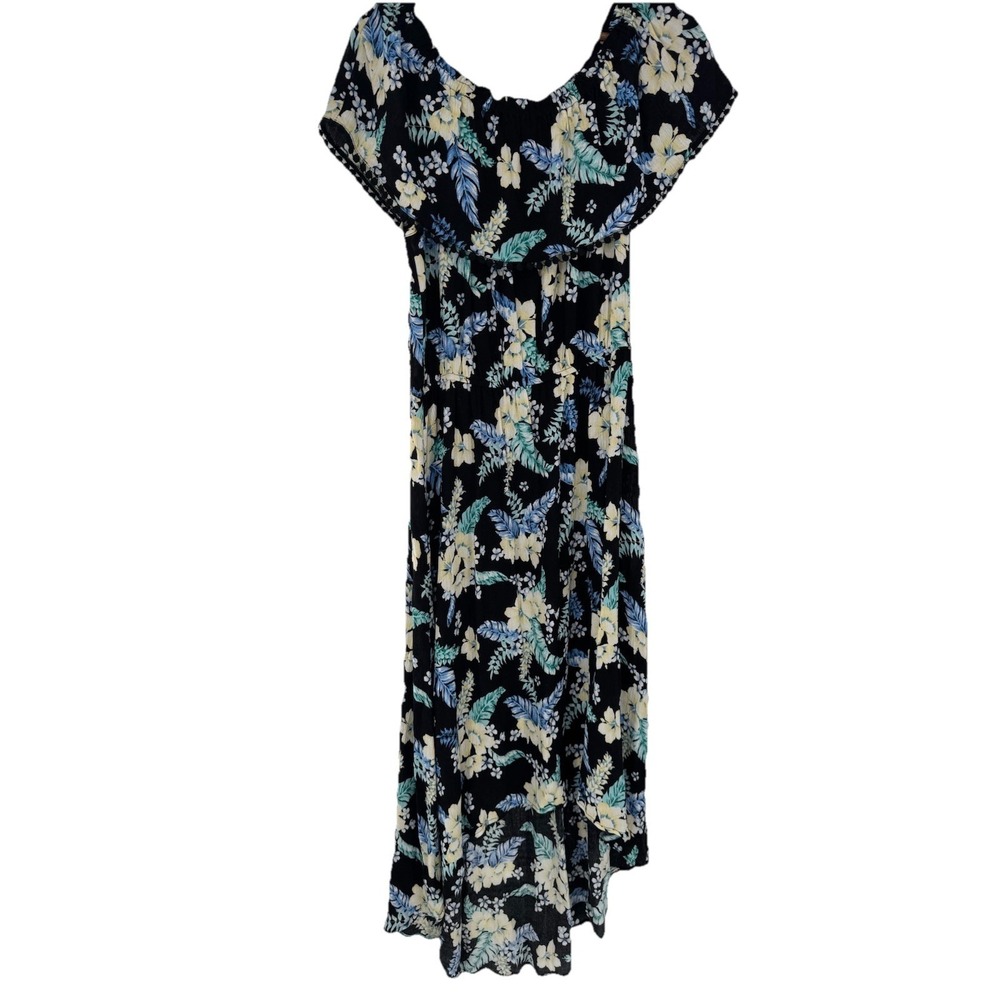 AGB Black Floral Multicolored Dress tropical resort beach high low vacation boho